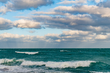 Horizon with sea cloudy sky. Calm horizon at sea. Romantic summer vacation seascape. Seascape horizon paradise. Sea sunrise on ocean beach. Sunset seascape at summer vacation. Walk along beach