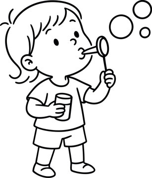 Adorable cartoon child blowing bubbles with joyful expression