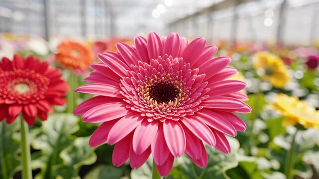 Close Up of Pink Gerbera Daisy Blooming in Flower Garden, Slow Motion