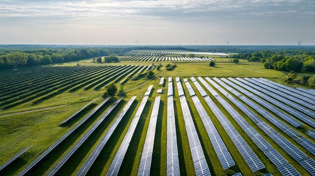 Aerial view of vast solar farm rows harvesting renewable energy in green rural landscape.