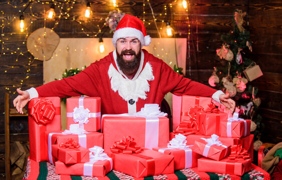 Christmas present. happy new year. Xmas present box. christmas gift delivery. Boxing day. winter shopping sales. Cheerful elf. happy bearded man. hipster santa hat. Christmas shopping - Powered by Adobe