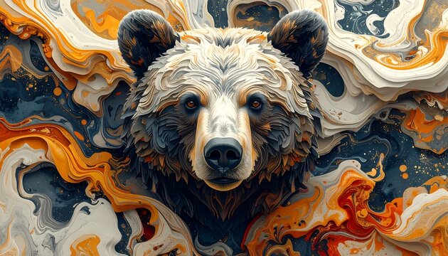 A close-up portrait of a bear with fur detailed and an abstract background with fluid colors swirling around