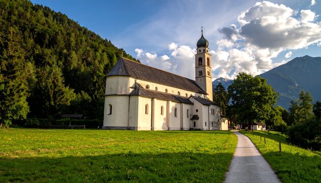 A classical European church sits on a grassy field, backed by lush green forest and towering mountains. A pathway leads up to its entrance