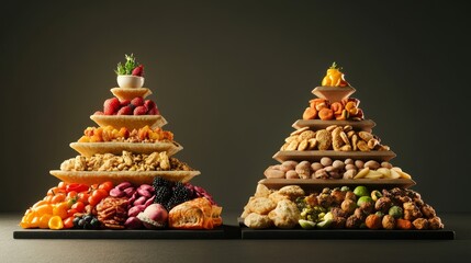 A 3D-rendered conceptual scene of two opposing food pyramidsâ€”one built from nutrient-rich whole foods and the other stacked with ultra-processed snacks. The striking contrast in structure and color
