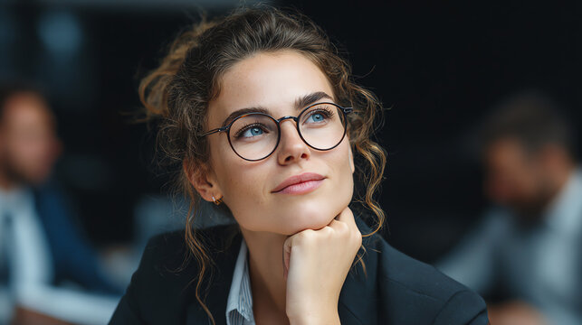 A thoughtful woman in a professional setting, reflecting on ideas and strategies to enhance productivity.