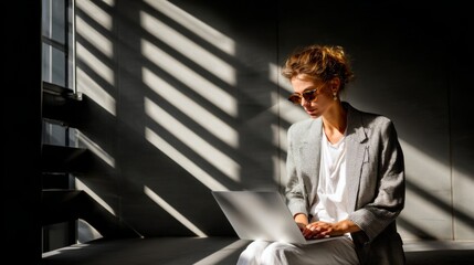Woman in blazer and sunglasses using a laptop near window with sunlight shadows