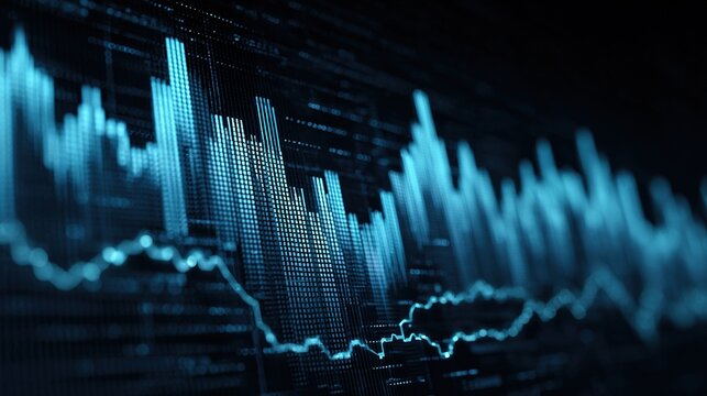 Digital blue stock market analysis graph showing fluctuation and data processing on screen display.