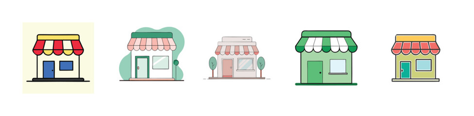 Small Business Facade Illustration Retail Storefront with Awning Blue Door and Window Modern Flat Design Vector