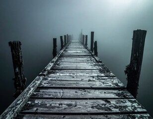 Pier vanishes into a misty horizon