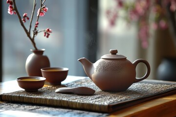 Fototapeta premium A traditional Japanese tea ceremony is a ritualistic ceremony in which green tea (matcha) is ceremonially prepared and served to guests in a specially designed room, 