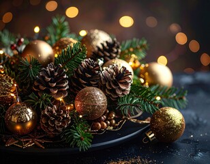 Festive arrangement, lights, pine