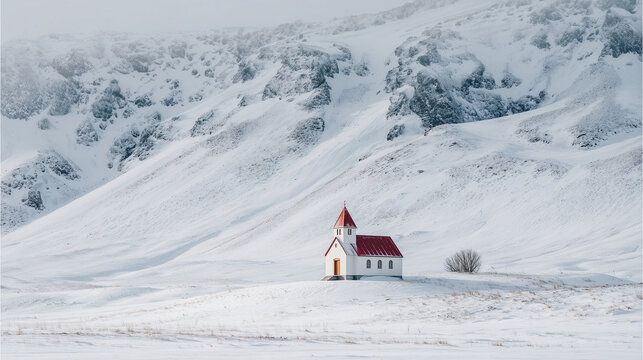 A small white church with a red roof standing alone in a snowy valley, captured in a serene winter landscape with a peaceful, quiet atmosphere. - Powered by Adobe