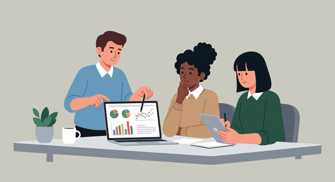 Diverse team of professionals collaborating in a modern office analyzing financial charts on a laptop during a business meeting