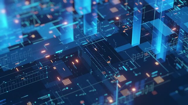 Abstract digital technology background. Glowing blue, orange light, circuit board patterns, data lines. Represents AI, big data, network, innovation, future tech. Ideal for IT,