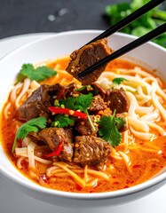 Bowl of meaty noodles, chopsticks holding