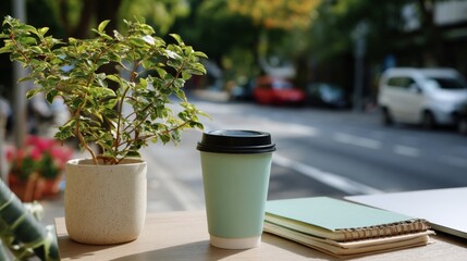 Coffee cup and a small plant on a wooden table with notebook and blurred street in the background
