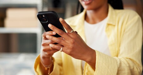 Fototapeta premium Hands, logistics and phone with business woman in office, shipping agenda or schedule. Courier app, delivery and order tracking with worker in distribution depot, supply chain management or mobile
