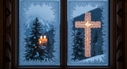 Austrian winter church window, frosty glass reflecting candlelight cross