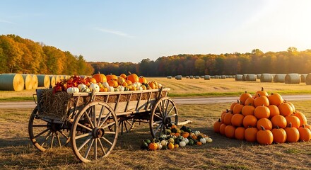 Abundant Harvest Display Featuring Pumpkins Gourds and Hay Bales in Autumn Field