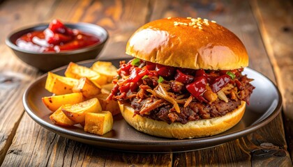 Pulled pork burger with wedges