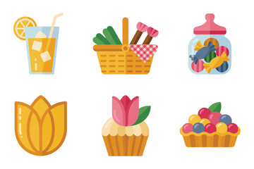 Detailed flat vector icons for summer outing, showing cupcake, drinks, berries, representing sweet food and festive party,