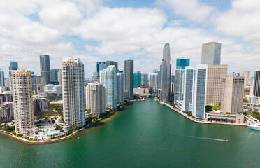 Naklejka premium Aerial view of Brickell skyline in downtown Miami. Skyscrapers above Miami. Scenic panorama of Brickell financial district. Brickell in Miami city.