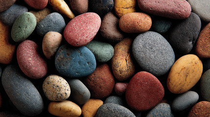 Naklejka premium A vibrant collection of colorful pebbles, showcasing nature's artistry in texture and form. Perfect for background use.