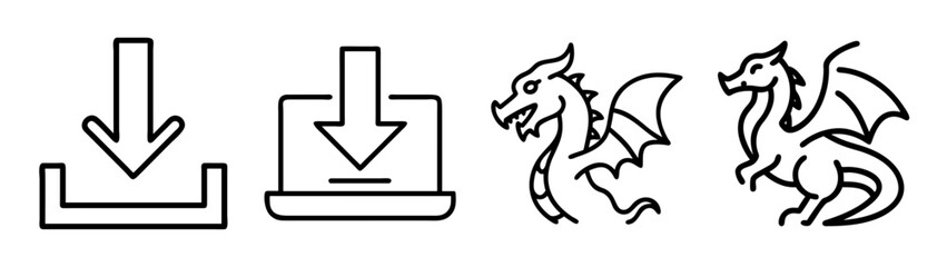 Fototapeta premium Download and dragon line art icons: technology and fantasy symbols