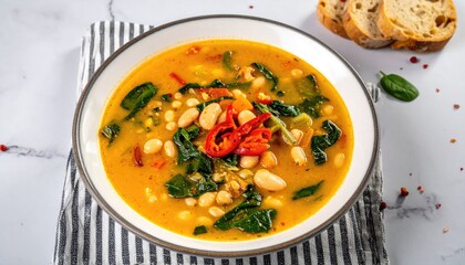 Bean and spinach soup in a white bowl