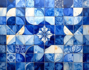 Textured, vibrant blue mosaic, with various floral and geometric tile designs