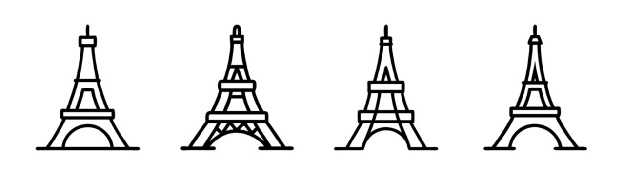 Eiffel tower line art icons set; paris landmark outline symbols