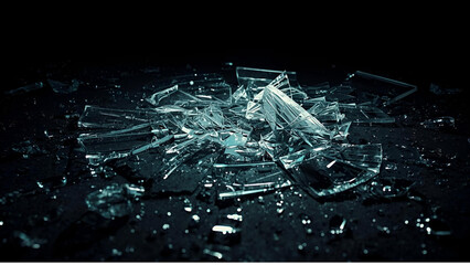 Sharp broken glass shards scattered on a dark, moody background with subtle lighting