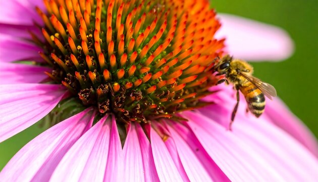A close-up view of a honeybee perched on a vibrant purple and orange coneflower, showcasing pollination