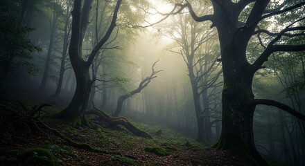 Mysterious forest scene with tall trees shrouded in fog, creating an atmospheric and enchanting woodland landscape with a sense of depth