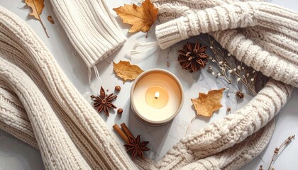 Cozy fall flatlay with warm textiles