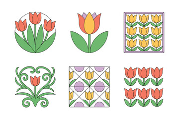 Detailed flat vector icons for floral decor, showing tulips, hearts, leaves, representing spring texture and natural pattern,