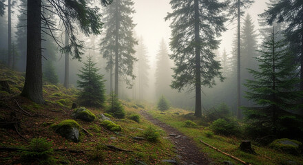 A serene path winds through a misty forest, sunlight filtering through the tall trees, creating a tranquil and enchanting atmosphere in the wilderness landscape