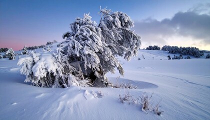Snow-covered tree in a winter landscape