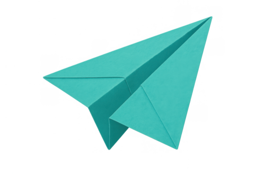 Teal paper airplane flying through air, origami craft symbolizing travel, freedom, and new beginnings on transparent background - Powered by Adobe
