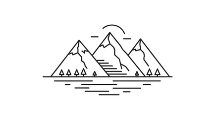 Minimalist line art illustration of three mountains with trees and water, , creating a clean and modern design