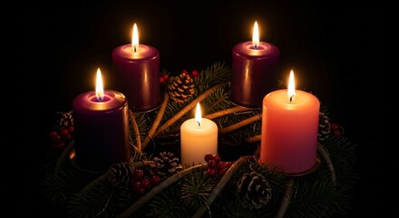 Lit Advent Wreath Candles Celebrating First Sunday of Advent Tradition & Christmas Hope