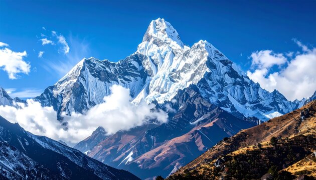 A majestic snow-capped mountain dominates a bright blue sky, with surrounding rugged terrain and wispy clouds - Powered by Adobe
