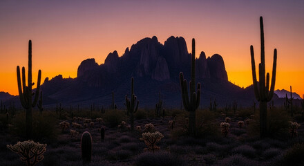 A stunning desert landscape at sunset, featuring silhouetted cacti and mountains against a vibrant orange and purple sky, creating a dramatic scene