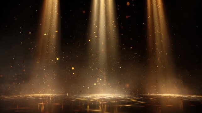 A dramatic scene featuring golden spotlights illuminating a shimmering surface, creating a mystical atmosphere with particles floating in the air.