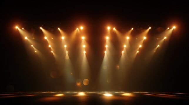 A dramatic stage with multiple bright spotlights illuminating a dark backdrop, creating a captivating atmosphere for performances.