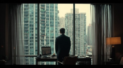 A businessman gazes out of a high-rise window at a city skyline, reflecting on his surroundings amidst a modern office setting.