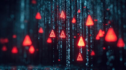 A digital scene featuring red triangular warning signs amidst cascading streams of binary code, creating a futuristic and tech-inspired atmosphere.