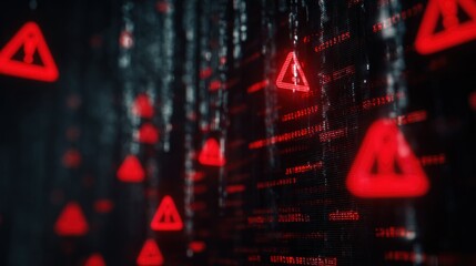 Abstract digital background with red warning triangles and code, suggesting themes of cybersecurity and digital alerts.
