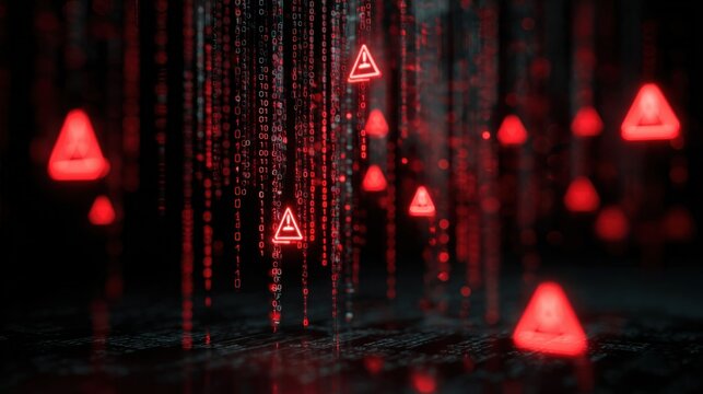 A digital scene featuring cascading binary code and red warning symbols, creating a high-tech, ominous atmosphere.