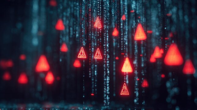 A digital scene featuring red triangular warning signs amidst cascading streams of binary code, creating a futuristic and tech-inspired atmosphere. - Powered by Adobe
